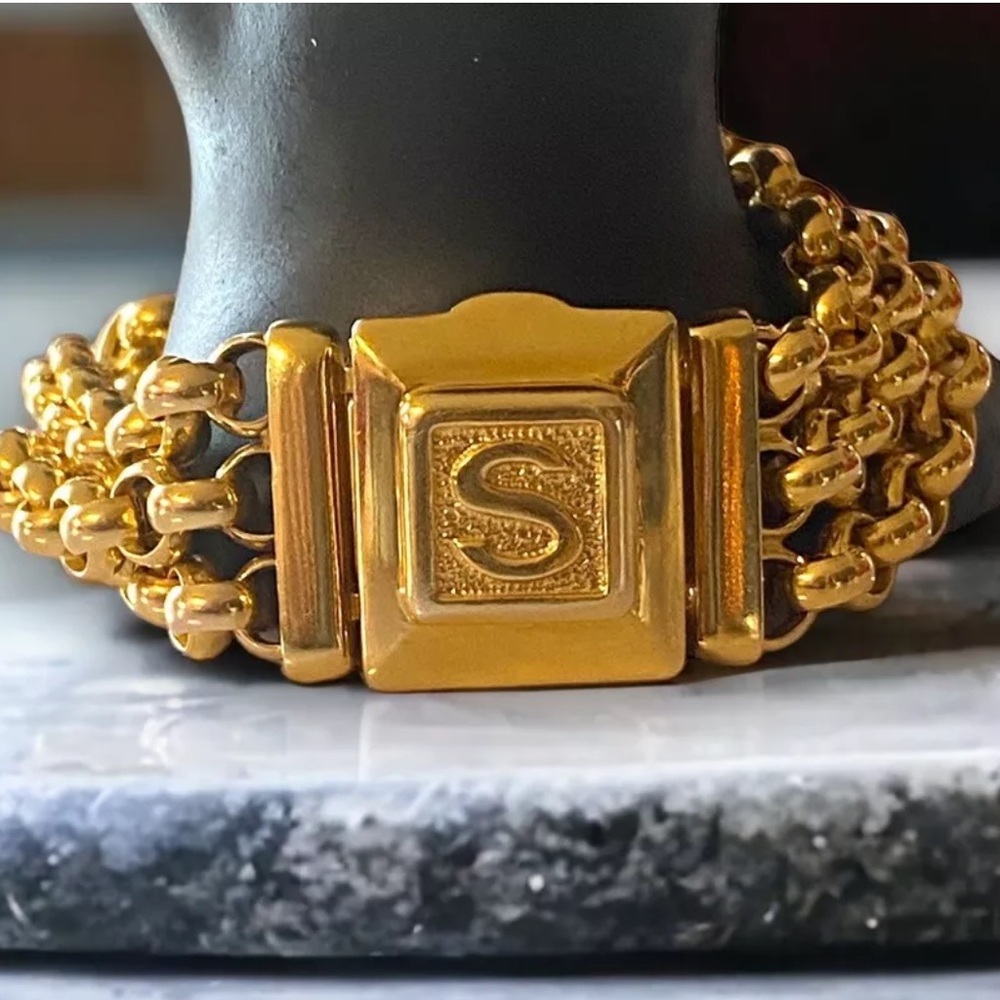 Spectacular CUSTOM Vintage 14K SOLID Gold LOCKET Initial S Triple Rolo Bracelet - Picture 10 of 16